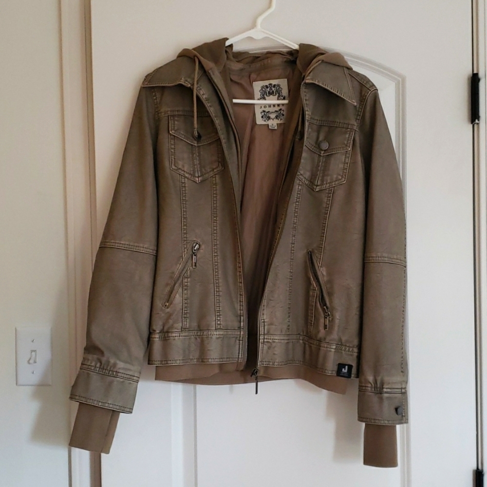 Made By Johnny MBJ • Womens Khaki Leather Motorcycle Jacket with Hoodie • Size S